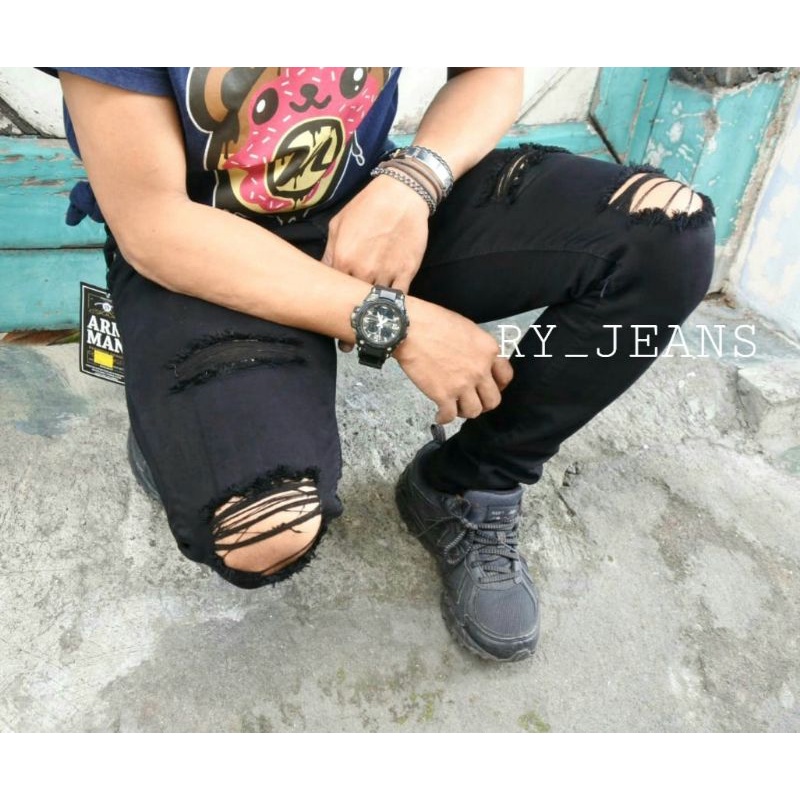 Celana jeans pria sobek dua sisi celana hitam panjang pria ripped jeans celana slimfit