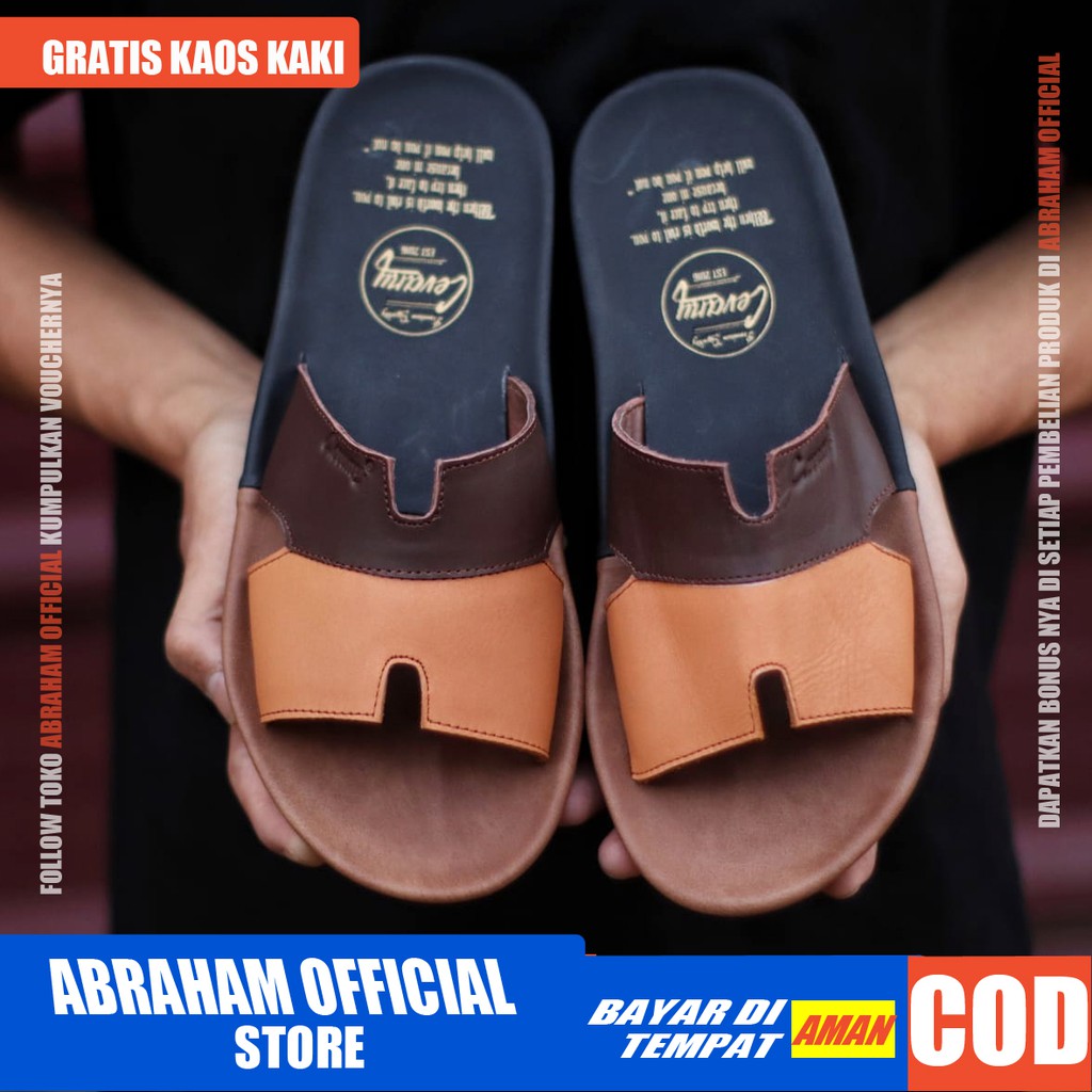ABRHM x COMBI Sandal Slide Pria Sandal Slop Pria Kulit Asli Sandal Selop Cowok / Cowo Keren Kekinian