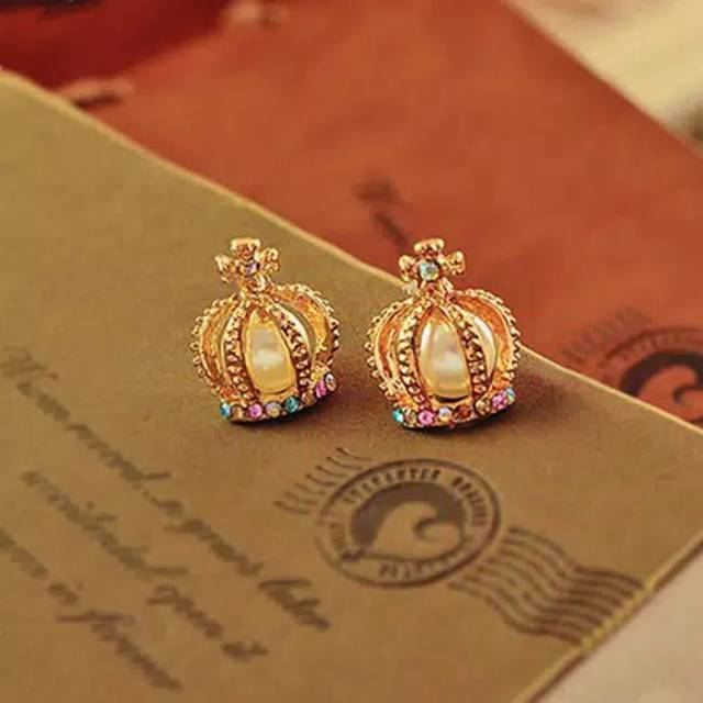 Anting mahkota mutiara permata warna warni korea anting stainless earings crown pearl WAWI