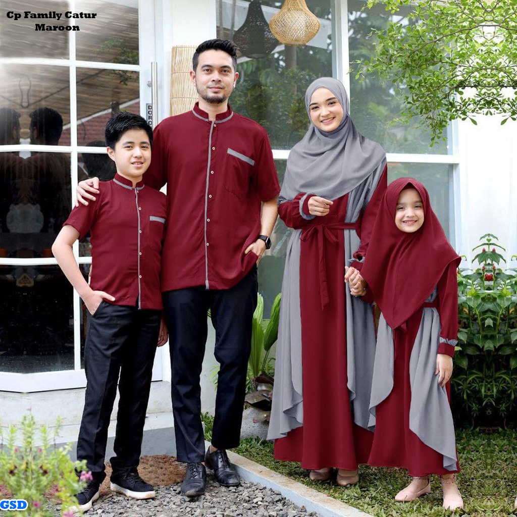Cp Family Catur / Baju Couple Keluarga Murah/ Baju Gamis Wanita + Bergo + Kemeja Pria / Baju Gamis Anak Perempuan + Baju Koko Anak Laki-Laki/ Gamis Sarimbit / Syari Muslim Best Seller