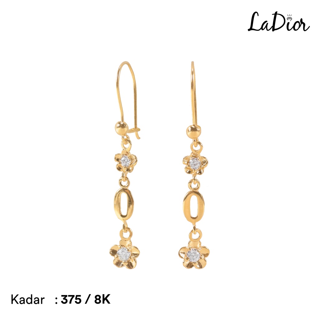 LADIOR - Anting Italy Panjang Emas Asli kadar 375 Model Bunga - 046 - 8K - Yellow Gold