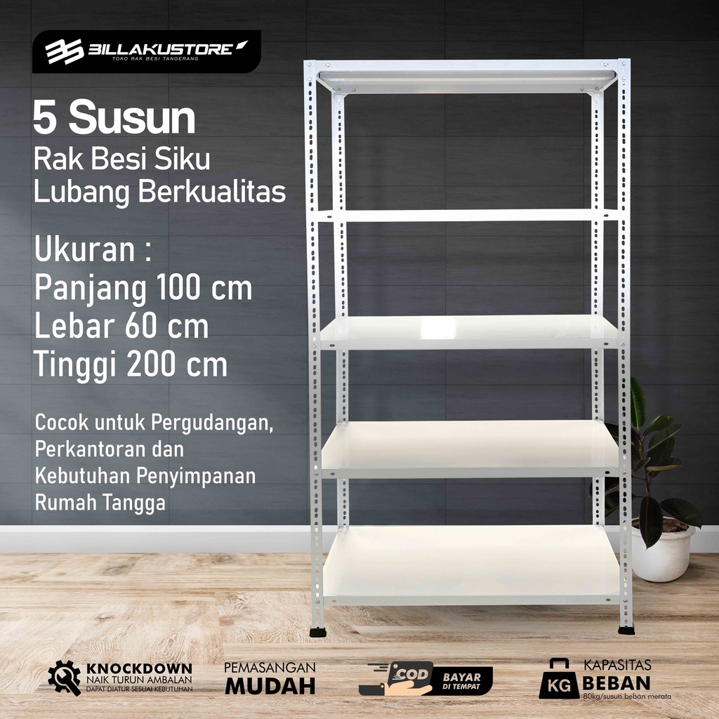 Rak besi siku lubang ukuran 100 x 60 x 200 cm 5 susun