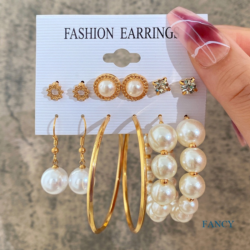 6 Pasang / set Anting Stud Rumbai Kristal Mutiara Gaya Elegan Untuk Wanita