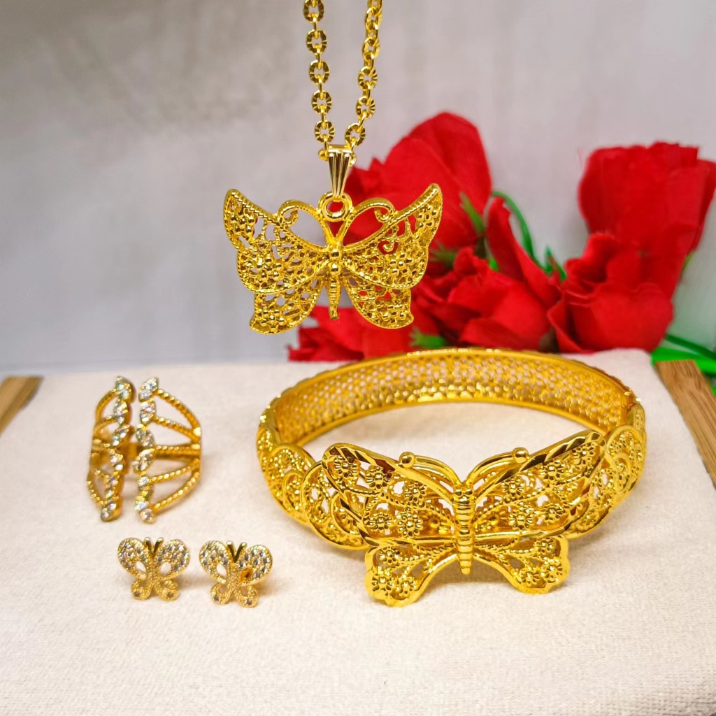 satu set ear studs+gelang+kalung liontin+cincin kendari gold 24K hadiah perhiasan kupu-kupu