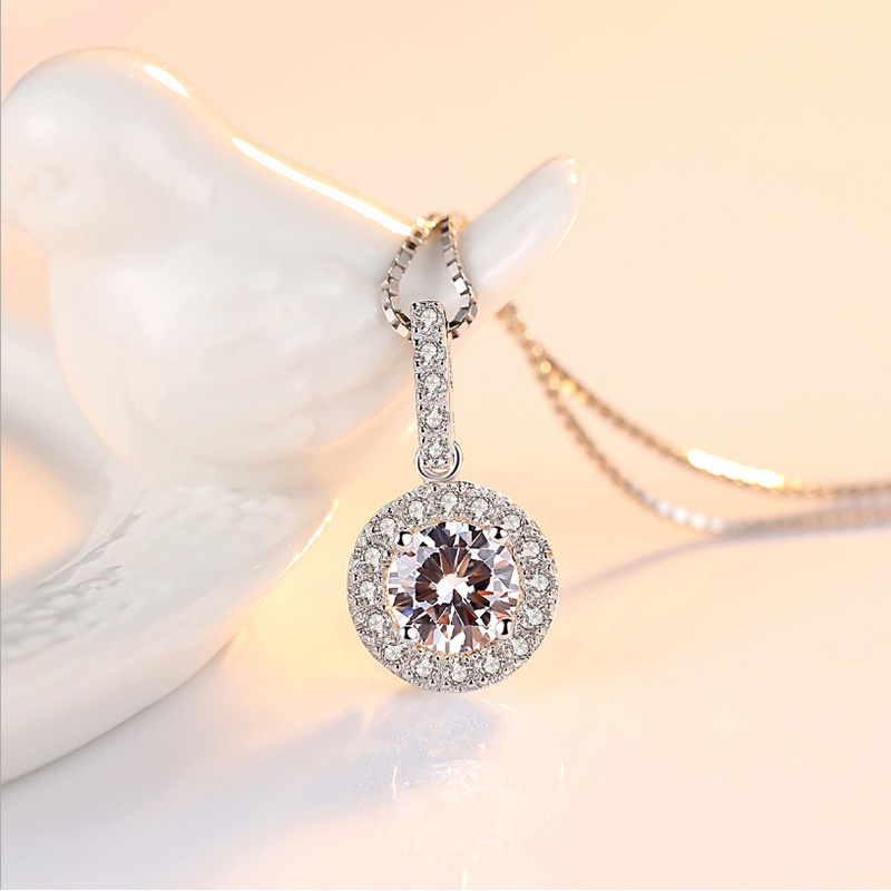 [Ready Stock]Fashion Silver Plated round Colored Gemstone Pendant Luxury Necklace