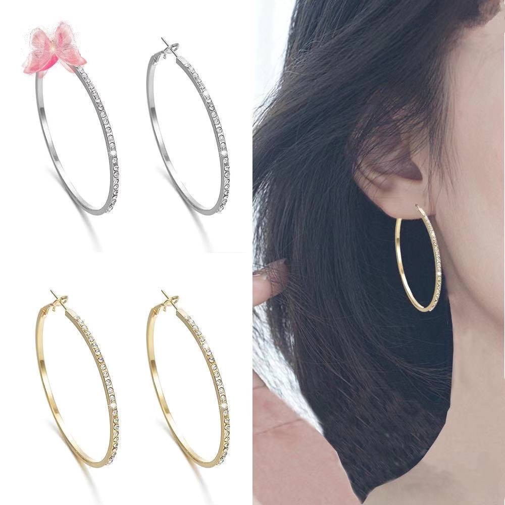 Anting Bulat Gaya Punk Retro dengan Berlian Imitasi untuk Wanita