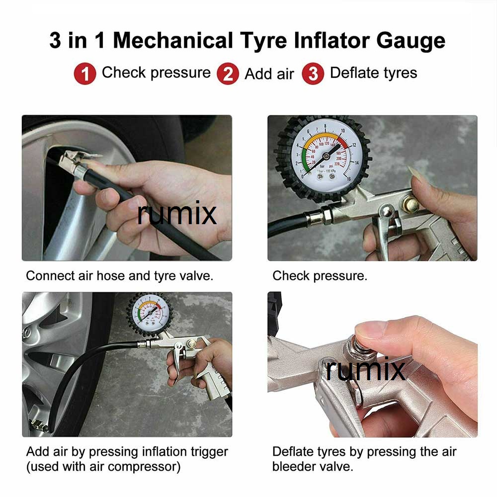 Tire Inflator Air Pressure Gun Isi Ukur Tekanan Angin 3 in 1 Tire Gauge Kit Alat Pengisi Ukur Tekanan Buang Angin Ban