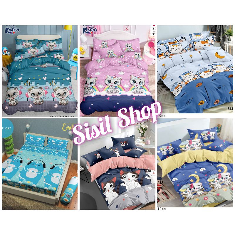 Sprei Set Motif Karakter Kucing / Seprai Set Ukuran King 180x200 dan Single Bed 120x200