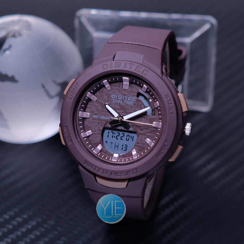 Jam Tangan Wanita Digital Digitec Fashion BDA 4082 T Coklat Dual Time Original Anti Air Strap Karet