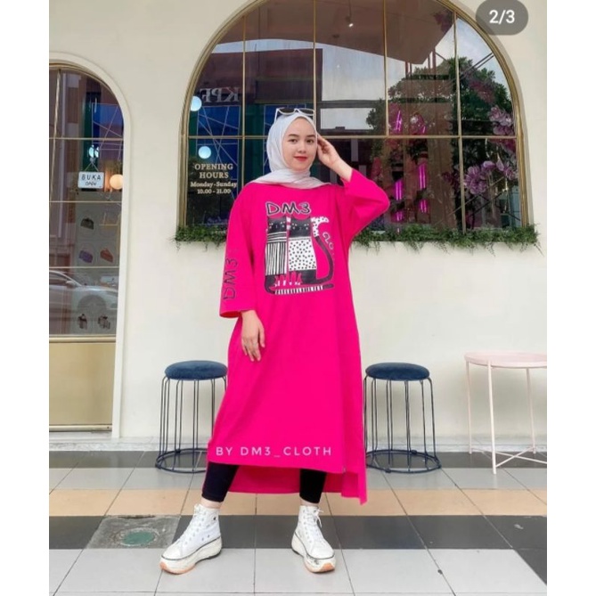Midi Dress Long Tunik Original DM3 Cloth Bahan Cotton Combed 20s Tebal Terbaru 2022 Terlaris Pink Fa