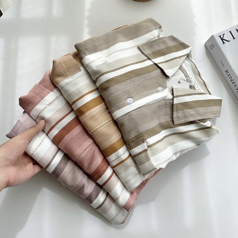 Tq88indonesia Fashion Kemeja Salur Wanita Lengan Panjang Terbaru / CERENA EARTHY TOP SHIRT / Kem / Hem Cewek / Ootd / Outfit Kekinian