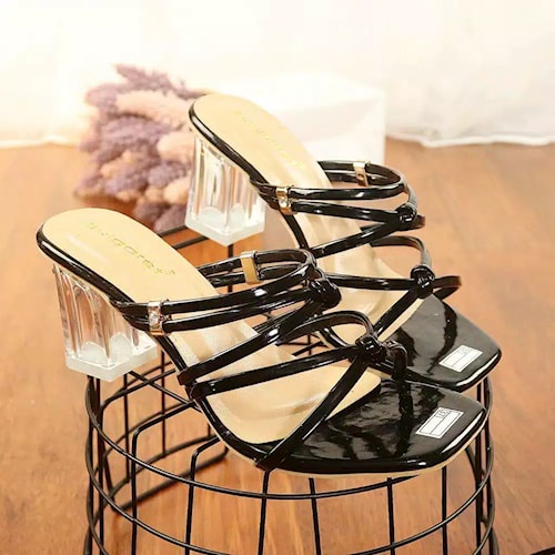 SANDAL HAK KACA WANITA HAK TAHU TERBARU MODEL RING PREMIUM TINGGI 5 CM WARNA HITAM DAN TAN MURAH RX1