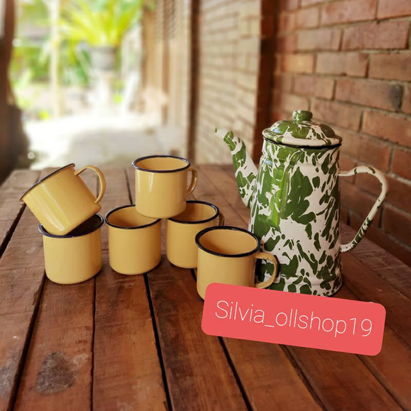 Teko loreng blurik jadul 1 set cangkir enamel polos isi 6