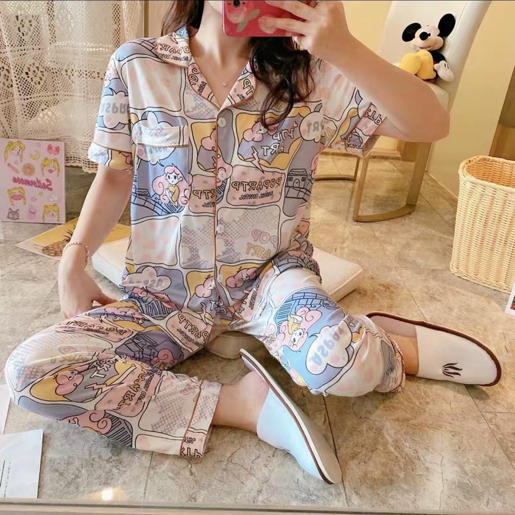 Baju Tidur Piyama Set/Piyama Wanita Import/Baju Piyama Lengan Pendek/Short Sleep Wear A1-A10-A3-Abu Girl