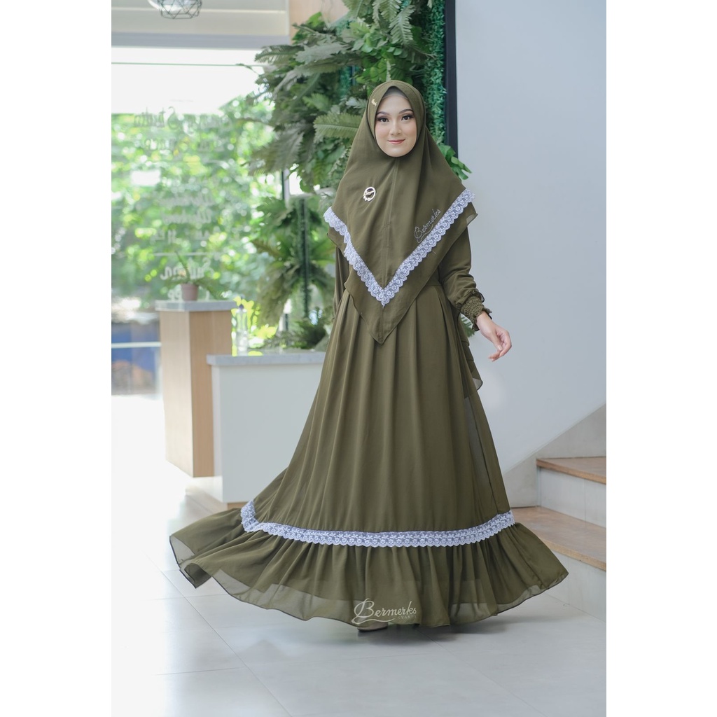 Gamis CERUTY renda putih SET KHIMAR LAYKA ori bermerks syari haji umroh branded modis modern