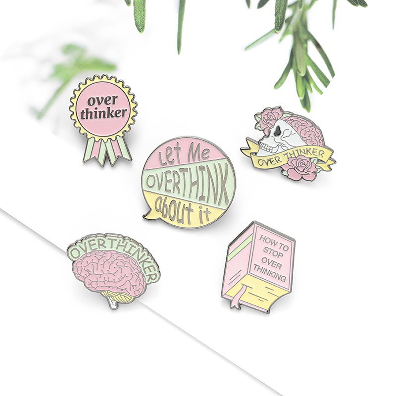 Bros Pin Enamel Desain Kartun Overthinker Brain Skull Book Untuk Hadiah Teman