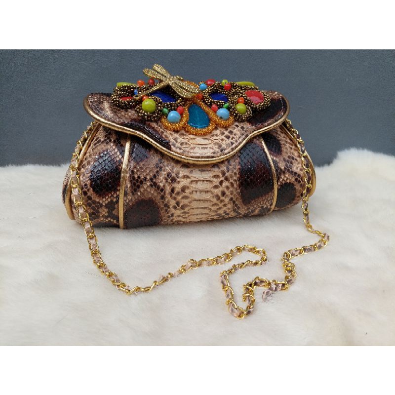 Tas Pesta Kulit Ular Phyton Size S Model Kerang Oval / Tas Kondangan Kulit Ular Asli Piton / Cluth P