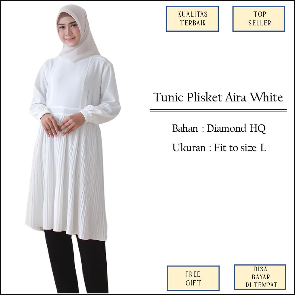 Baju Atasan Tunik Tunic Kantor Kerja Warna Putih Broken White Model Polos Plisket Bahan Diamond Size