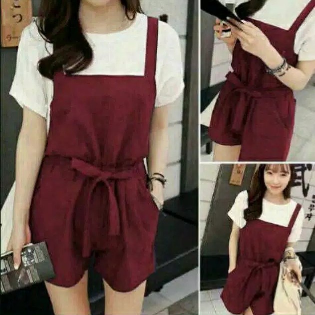 jumpsuit wanita celana pendek - overall wanita - baju kodok wanita - Merah