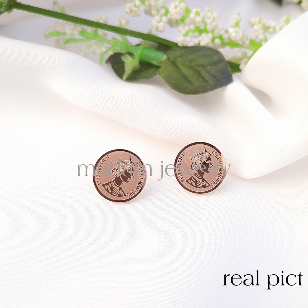 Anting Tusuk Titanium Vintage Queen Coin Tersedia Warna Rose Gold dan Gold