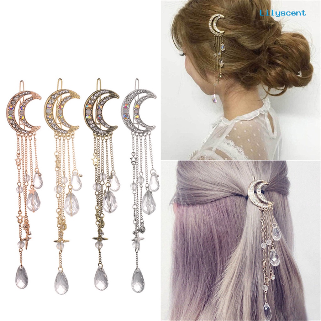 Ls Jepit Rambut Retro Bentuk Bulan Sabit Bahan Alloy Hias Berlian Imitasi Untuk Wanita