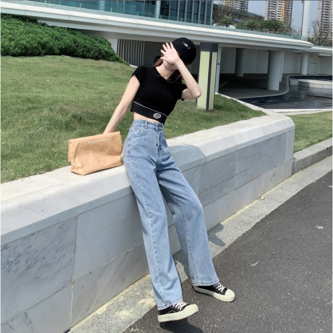 Celana Jeans Wanita Korea Style Loose High Waist Straight Pants