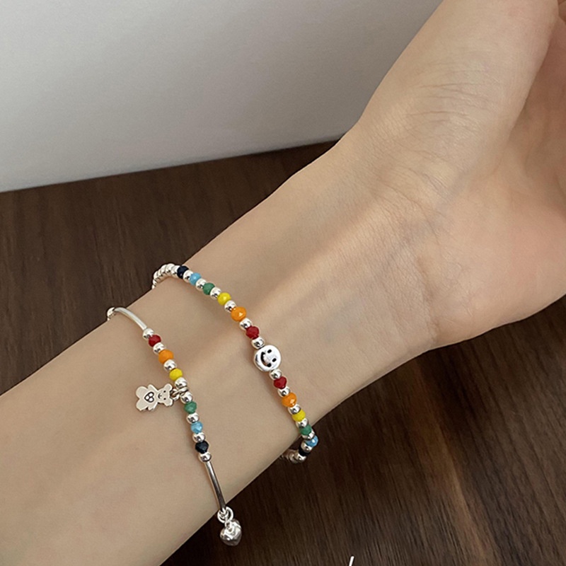Roselife Gelang Tangan Wanita Manik Pelangi Handmade Elastis Adjustable Liontin Beruang / Hati / Smiley Face