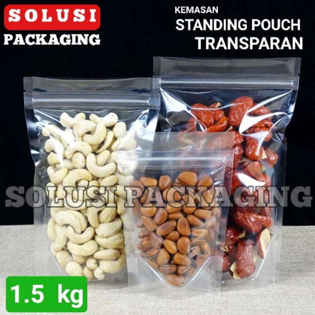100 PCS STAND POUCH 1500 GRAM TRANSPARAN-PLASTIK GULA-KEMASAN KOPI SNACK-PLASTIK KLIP