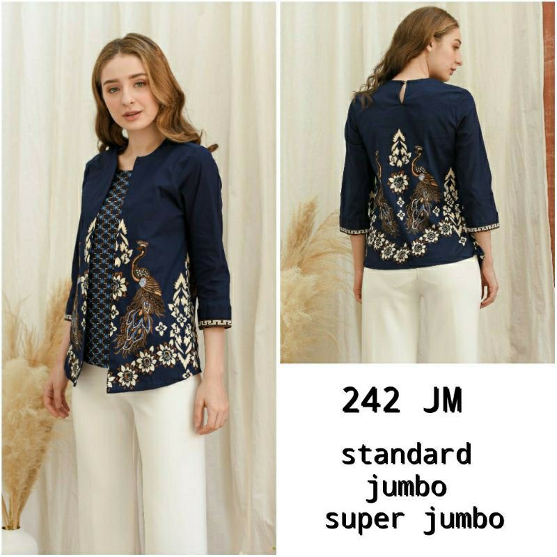 Atasan Blouse Batik Wanita Lengan Panjang bahan katun stretch, 242 JM#-Blouse 242 JM