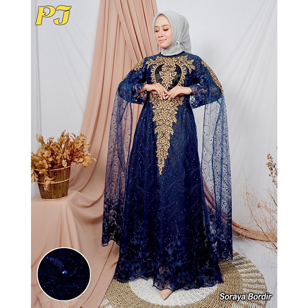 GAMIS PESTA WARNA NAVY BROKAT TULLE BORDIR TERBARU/ GAMIS SORAYA NAVY ORIGINAL PELANGI JAYA/ GAMIS P