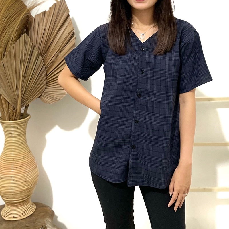 CUTIES TOP - ATASAN KEMEJA CASUAL WANITA KOTAK BUTTON LENGAN PENDEK (KML1)