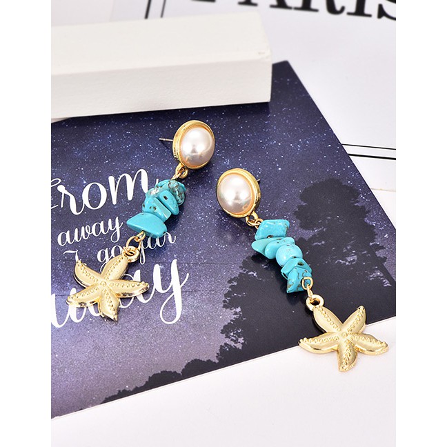 LRC Anting Tusuk Fashion Gold Alloy Turquoise Starfish Earrings F40558