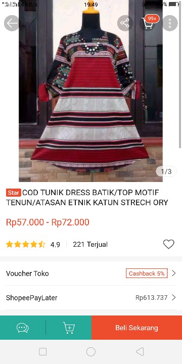 Cod Tunik Dress Batik/top Motif Tenun/atasan Etnik Katun Strech Ory Merk Rizky Size S M L Xl