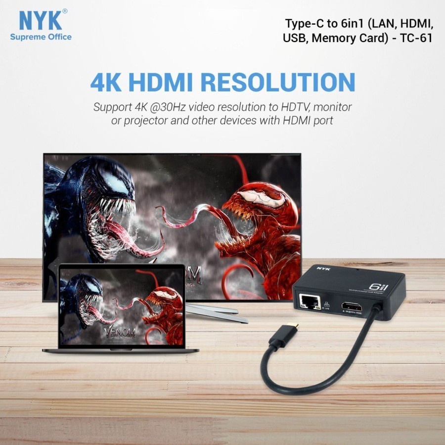 NYK TC-61 Type C To 6 in 1 LAN + HDTV + USB 3.0 2 Port + Card Reader / Converter TYPE C To HDTV LAN USB 3.0