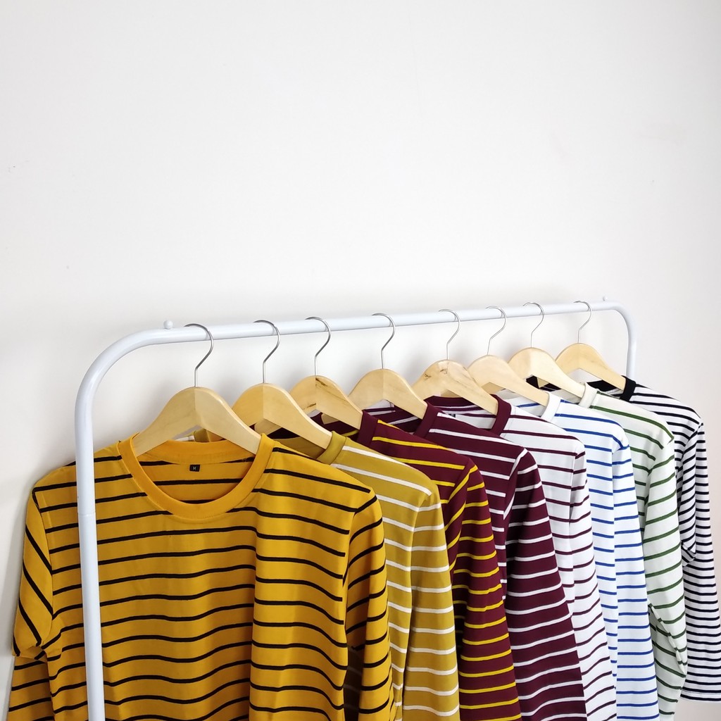 Jual (12 Warna) Lengan Panjang Grosir Ecer Baju Kaos Stripe Bergaris Belang  Salur Cotton CVC Pria Wanita | Shopee Indonesia