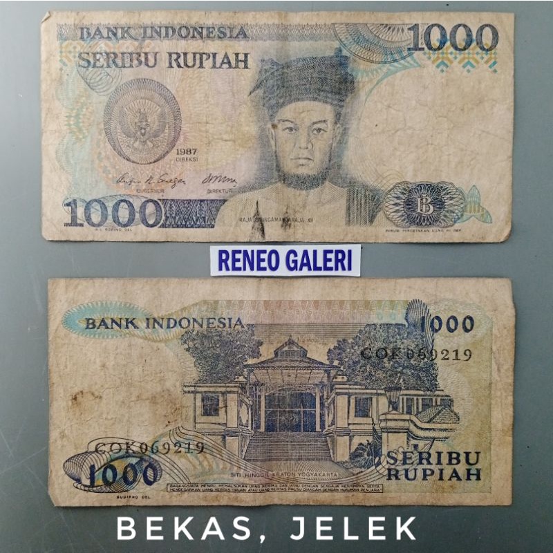 Jelek Asli 1000 Rupiah tahun 1987 Sisingamangaraja Uang lama duit kuno Rp 1.000 jadul lawas Indonesia Original Seribu