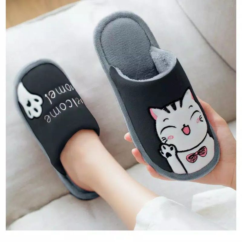 Sandal Rumah Hotel Empuk Nyaman Indoor Halus Motif Kucing lucu Garis Slipper