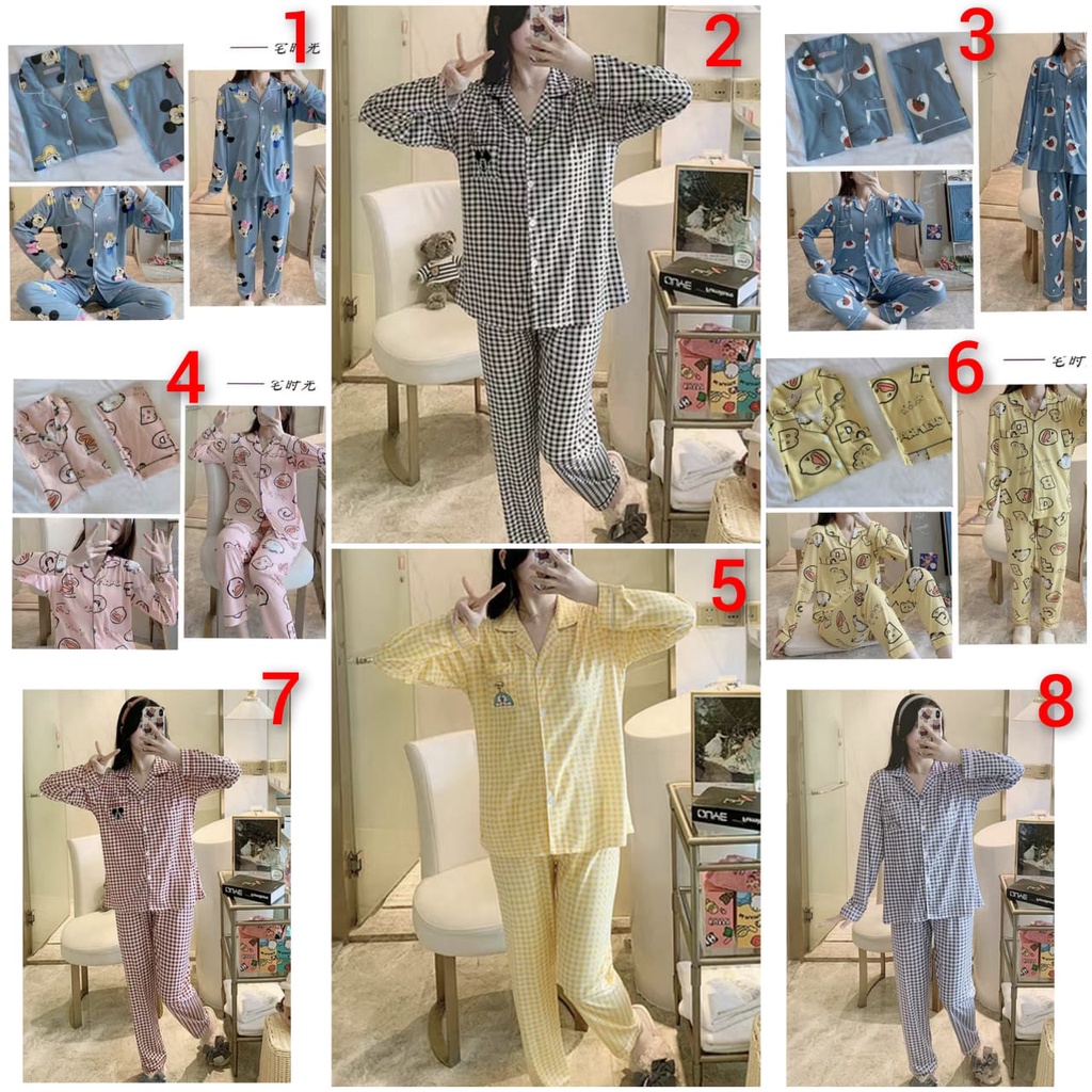 Baju tidur piyama lengan panjang celana panjang model krah bahan spandek import