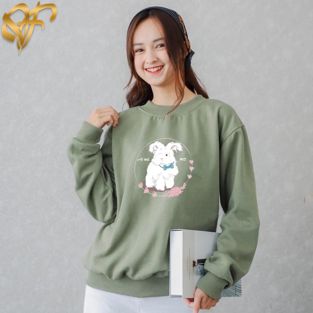 Sweater Love Rabbit Sakura Aesthetic Pria &amp; Wanita | Sweater Korea Style Fleece Cotton | Dhea Fashion