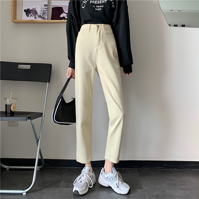 New Korean retro high-waist loose jeans straight-legged wide-legged celana panjang Wanita