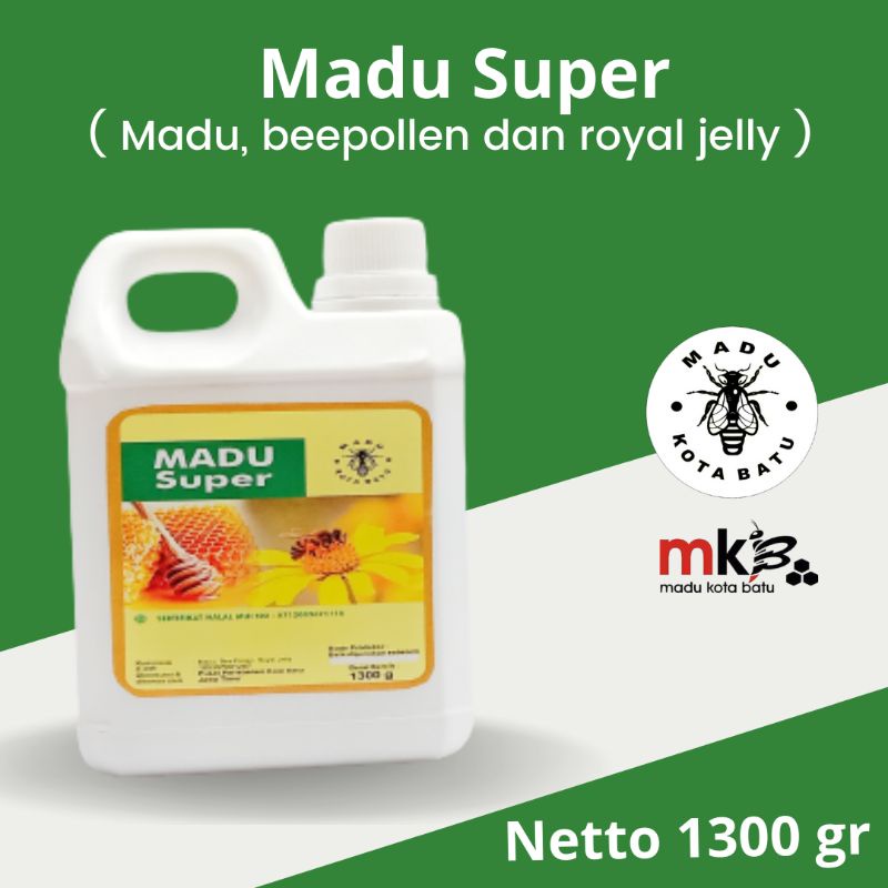 

Madu Asli Super 3 in1 Netto 1300 gr (madu asli, beepollen, dan royal jelly) Madu Murni Mkb
