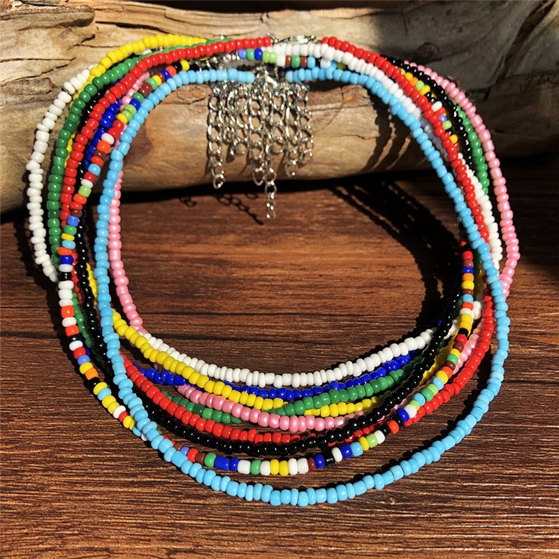 [ACKER] Bohemian Buatan Tangan Rainbow Beads Choker Kalung Pendek untuk Wanita Gadis Boho Permen Warna Manik-manik Kalung Mode Perhiasan