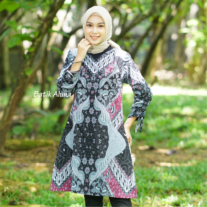 Baju Wanita Blouse Batik Tunik Katun Premium Adhem Cocok Untuk Kerja Batik Aluna TBA 104