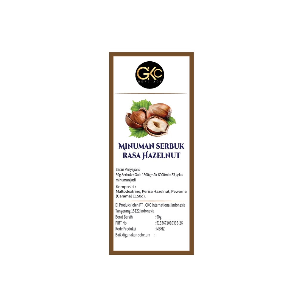 Bubuk Sirup Hazelnut / Powder Syrup Serbuk Minuman Powder Drink GKC Heritage Konsentrat 50 gram