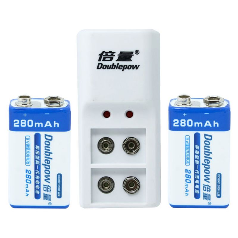 Doublepow Charger Baterai 2 Slot for 9V with 2 pcs 9V battery 280 mAh DB-B09-white