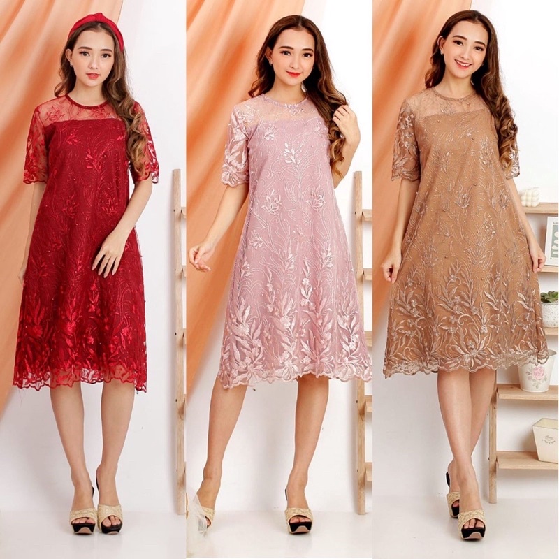 (BAYAR DITEMPAT) Dress Alea By rasaqi kebaya Brukat Tulle Glitter Tille Premium Brukat Tule Dres Natal Imlek Brokat dres natalan dres terbaru dres kekinian dres pesta baju natal