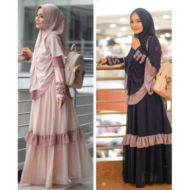 Set gamis khimar ceruty cantik Alamanda syari set Hazelnut / Navy by Amily hijab ceruti kombi jersey