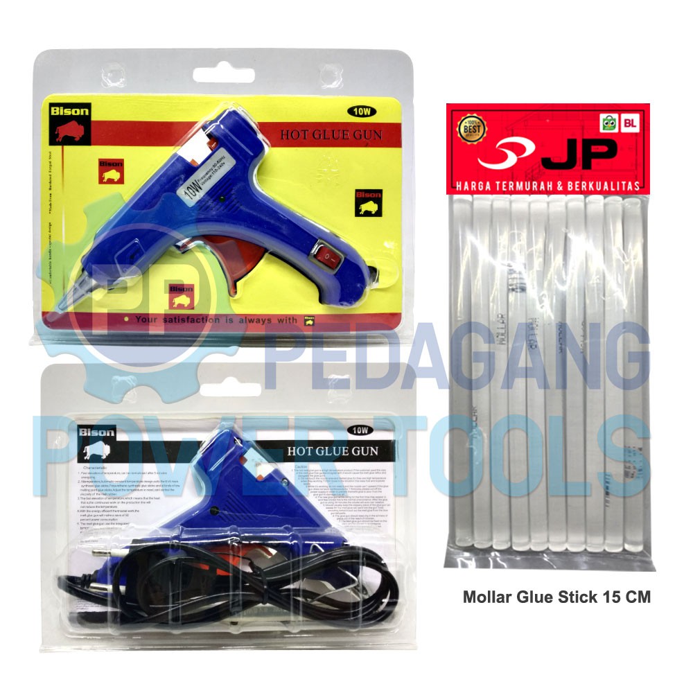 PAKET BISON GLUE GUN 10 WATT &amp; 10 PCS REFILL LEM TEMBAK BAKAR KECIL