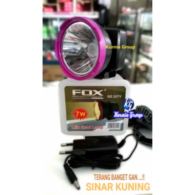 Headlamp FOX 7watt Cahaya KUNING SUPER TERANG Baterai Lithium Dobel Power / lampu led Senter Kepala