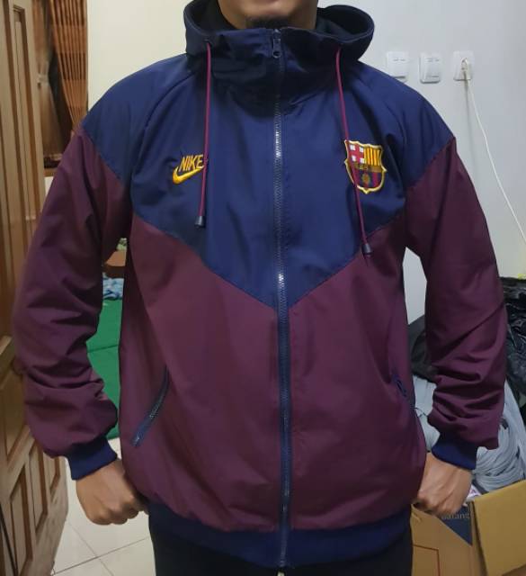 Jaket Hoodie Skiller Barcelona Barca Taslan Maroon Navy Waterproof Windbreaker Jumbo Big Size XXL